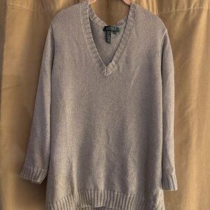 Lauren Ralph Lauren V Neck Metallic Silver 3/4 Length Sweater Size 2x EUC